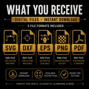 May include: A digital file information graphic with a black background and gold text and icons. It lists five file formats: SVG, DXF, EPS, PNG, and PDF. The text includes 'WHAT YOU RECEIVE', 'DIGITAL FILES', 'INSTANT DOWNLOAD', and '5 FILE FORMATS INCLUDED'.