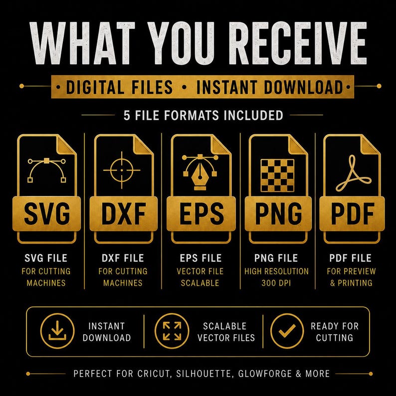 May include: A digital file information graphic with a black background and gold text and icons. It lists five file formats: SVG, DXF, EPS, PNG, and PDF. The text includes 'WHAT YOU RECEIVE', 'DIGITAL FILES', 'INSTANT DOWNLOAD', and '5 FILE FORMATS INCLUDED'.