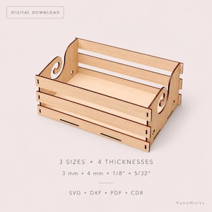 May include: A light-coloured wooden crate with slatted sides and decorative scroll-cut ends. The text reads: DIGITAL DOWNLOAD, 3 SIZES, 4 THICKNESSES, 3 mm, 4 mm, 1/8", 5/32", SVG, DXF, PDF, CDR, and KameWorks.