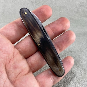 May include: A folding pocket knife featuring a handle with a smooth, marbled dark brown and cream-colored horn pattern. The handle is secured with three small, circular brass pins arranged in a line along the length of the handle surface.