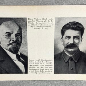 May include: Black and white print featuring portraits of Vladimir Lenin and Joseph Stalin. Lenin is on the left, with a bald head and a goatee. Stalin is on the right, with a mustache. Text in German accompanies each portrait.