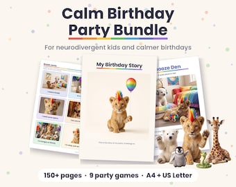 Calm Birthday Party Bundle for Neurodivergent Kids, Autism ADHD, Social Story, Invitations (Digital Download)