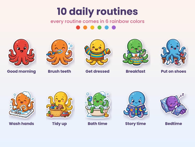 Label Octopius Image Visual Schedule Printable for Kids, Morning and Bedtime Routine Chart ...