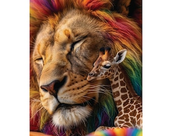 Rainbow Mane Lion Giraffe Art Print, Colorful Nursery Poster (Museum-Grade Paper)
