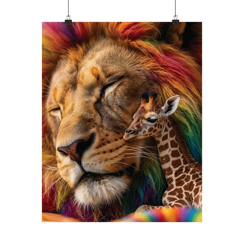 Regenboogmanen Leeuw Giraffe Kunstprint, Kleurrijke Kinderkamerposter (Museumkwaliteit papier) afbeelding 1