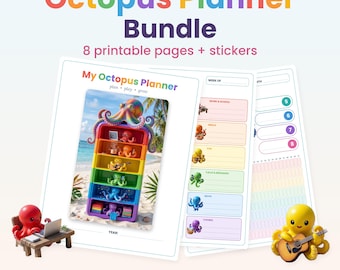 Octopus Planner Bundle Printable, Weekly Daily Monthly, Habit Tracker, Meal Planner, Stickers (Digital Download)