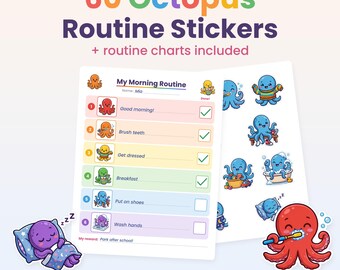 Octopus Routine Stickers, Visual Schedule Chart, Morning Bedtime (Digital Download)