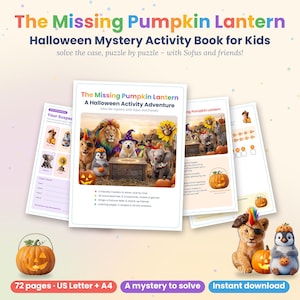 May include: The Missing Pumpkin Lantern Halloween Mystery Activity Book for Kids features 72 pages of puzzles, word searches, mazes, and coloring pages. The cover displays a group of animals including a lion, penguin, and elephant.