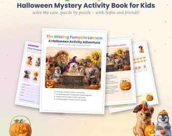 Op de afbeelding: Het Halloween mysterie-activiteitenboek voor kinderen The Missing Pumpkin Lantern bevat 72 pagina's met puzzels, woordzoekers, doolhoven en kleurplaten. De kaft toont een groep dieren, waaronder een leeuw, pinguïn en olifant.