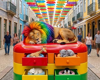 Rainbow Lion Art Bundle, Surreal Animal Naptime Print (Set of 4)