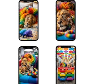 Rainbow Lion Phone Wallpapers (Set of 4), HD 9:16 Lock Screens (Digital Download)