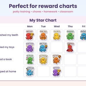 K&ouml;nnte beinhalten: Ein My Star Chart Belohnungsplan mit Zeilen f&uuml;r Aufgaben wie Brushed my teeth und Spalten f&uuml;r Wochentage. Das Diagramm enth&auml;lt bunte Tintenfisch-Aufkleber mit motivierenden Texten wie Well done, Super star und Champion in den Feldern.