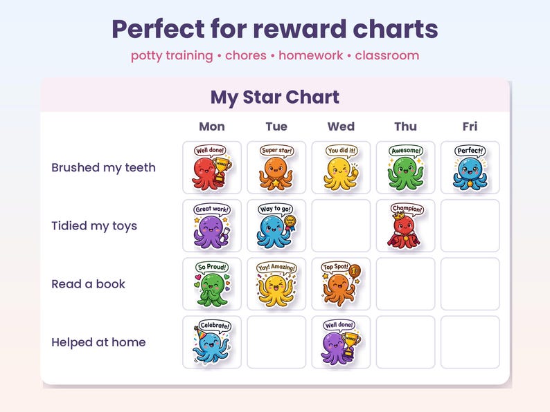 K&ouml;nnte beinhalten: Ein My Star Chart Belohnungsplan mit Zeilen f&uuml;r Aufgaben wie Brushed my teeth und Spalten f&uuml;r Wochentage. Das Diagramm enth&auml;lt bunte Tintenfisch-Aufkleber mit motivierenden Texten wie Well done, Super star und Champion in den Feldern.
