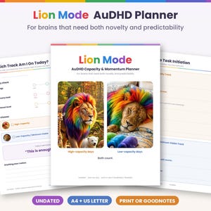 Könnte beinhalten: Ein digitaler Planer mit dem Titel Lion Mode AuDHD Planner, der Seiten zur Verfolgung von täglicher Energie, sensorischer Belastung und Aufgabeninitiierung enthält. Das Cover zeigt zwei Bilder eines Löwen mit regenbogenfarbener Mähne.