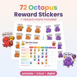 K&ouml;nnte beinhalten: Ein Set aus 72 Oktopus-Belohnungsaufklebern und Belohnungstabellen mit bunten Cartoon-Oktopussen und Phrasen wie Well done, You did it, Super star, Celebrate, Great work und Top Spot. Das My Star Chart enth&auml;lt Aufgabenzeilen.