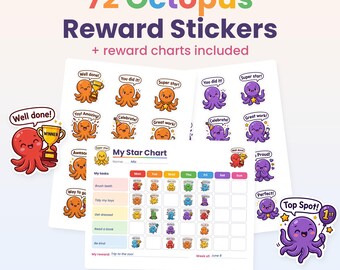 Rainbow Octopus Reward Stickers, 72 Printable Kids & Teacher Stickers (Digital Download)