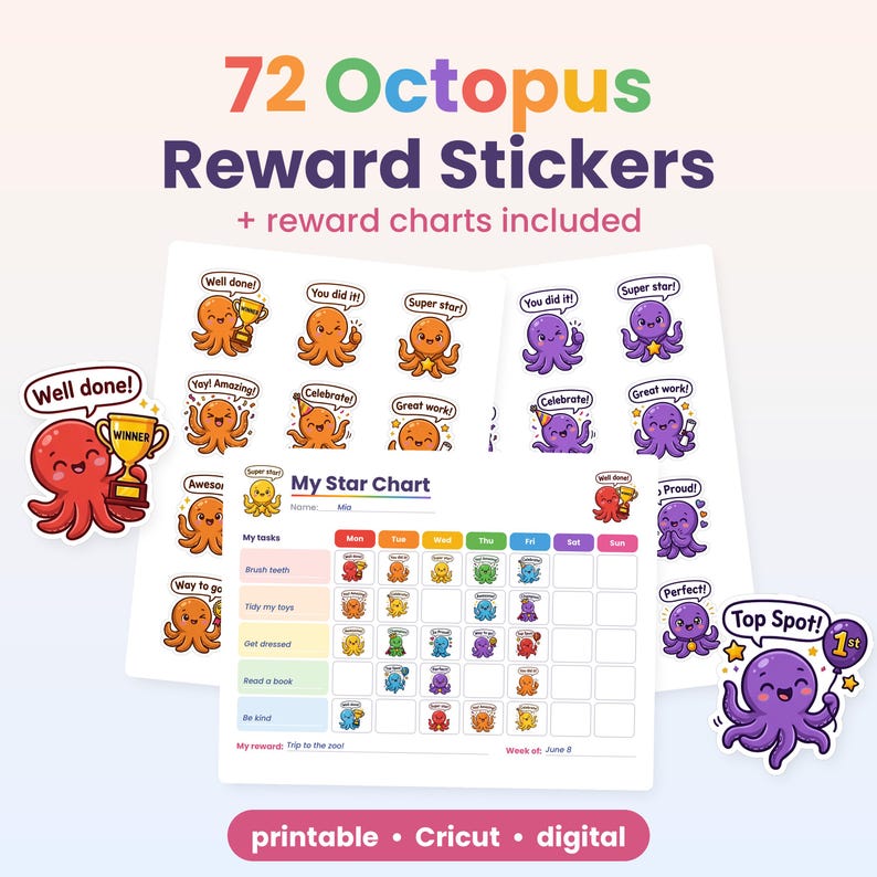 K&ouml;nnte beinhalten: Ein Set aus 72 Oktopus-Belohnungsaufklebern und Belohnungstabellen mit bunten Cartoon-Oktopussen und Phrasen wie Well done, You did it, Super star, Celebrate, Great work und Top Spot. Das My Star Chart enth&auml;lt Aufgabenzeilen.