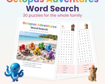 Octopus Adventures Word Search, 30 Puzzles for Kids (Digital Download)