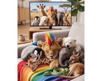 Rainbow Mane Lion with Baby Animals Poster