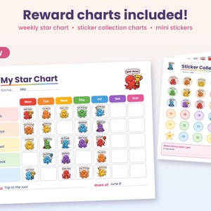 K&ouml;nnte beinhalten: Ein druckbares Belohnungs-Chart-Set mit einem My Star Chart, das bunte Spalten f&uuml;r die Wochentage, Aufgabenzeilen und Kraken-Illustrationen enth&auml;lt. Ebenfalls enthalten ist ein Sticker-Sammelblatt mit nummerierten Kreisen und einem Belohnungsziel.