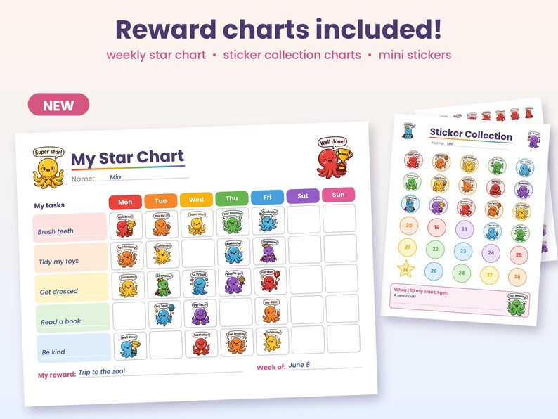 K&ouml;nnte beinhalten: Ein druckbares Belohnungs-Chart-Set mit einem My Star Chart, das bunte Spalten f&uuml;r die Wochentage, Aufgabenzeilen und Kraken-Illustrationen enth&auml;lt. Ebenfalls enthalten ist ein Sticker-Sammelblatt mit nummerierten Kreisen und einem Belohnungsziel.