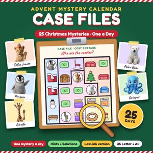 May include: Advent Mystery Calendar Case Files game featuring 25 Christmas mysteries. The board shows a grid with icons of animals, furniture, and a magnifying glass. Includes character cards for Sofus Junior, Penguin, Polar Bear, Giraffe, and Octopus.