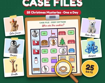 Op de afbeelding: Advent Mystery Calendar Case Files spel met 25 kerstmysteries. Het bord toont een raster met iconen van dieren, meubels en een vergrootglas. Inclusief karakterkaarten voor Sofus Junior, Penguin, Polar Bear, Giraffe en Octopus.