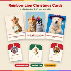 May include: A set of printable Rainbow Lion Christmas Cards and gift tags featuring images of a lion cub with a rainbow mohawk, a penguin, and a polar bear. Text includes "Rainbow Lion Christmas Cards," "Special Christmas Delivery!," "Sending Christmas Hugs," "Have a Magical Christmas," "Merry & Bright," "Special Delivery," and "Cozy Wishes."