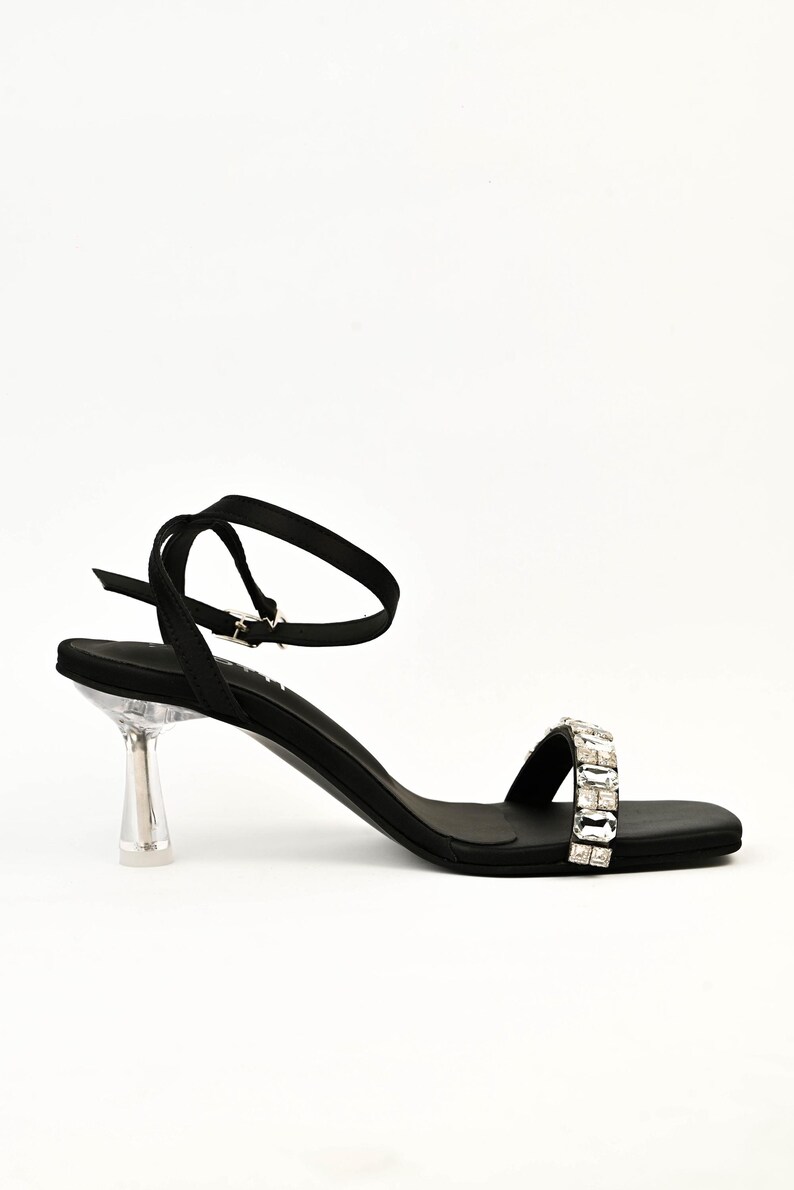 Rectangular Cut Heels Black Crystal Strap Heels, Elegant Evening Party Sandals, Clear Pointed ...