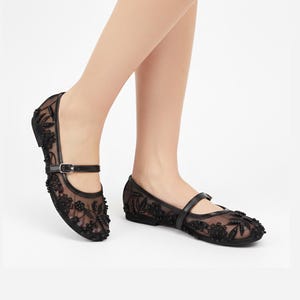 Black Floral Lace Mary Jane Flats, Pearl Embellished Vegan Leather