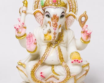 11 Inch Hand Carved Marble Ganesha Statue, Hindu God Sculpture, Home Temple Decor