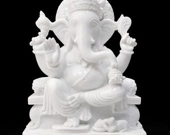 Statua del Signore Ganesha in marmo bianco da 45 cm (18 pollici) – Idolo indiano realizzato a mano per la decorazione del tempio domestico