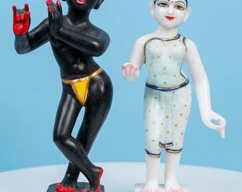 12 Inch ISKCON Radha Krishna Marble Murti, Hand-Painted Deity Statue Set