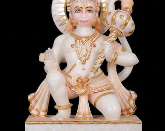Estatua de Hanuman de mármol de 30 cm / Ídolo de deidad hindú hecho a mano, detalles dorados, decoración para el templo del hogar