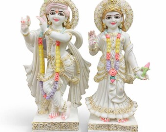 21 Inch Radha Krishna Makrana Marble Statue, Handcrafted Hindu Idol Home Temple Pair