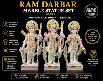 Zestaw 2-stopowych marmurowych posągów Ram Darbar: Pan Ram, Lakshman, Sita, hinduski posąg