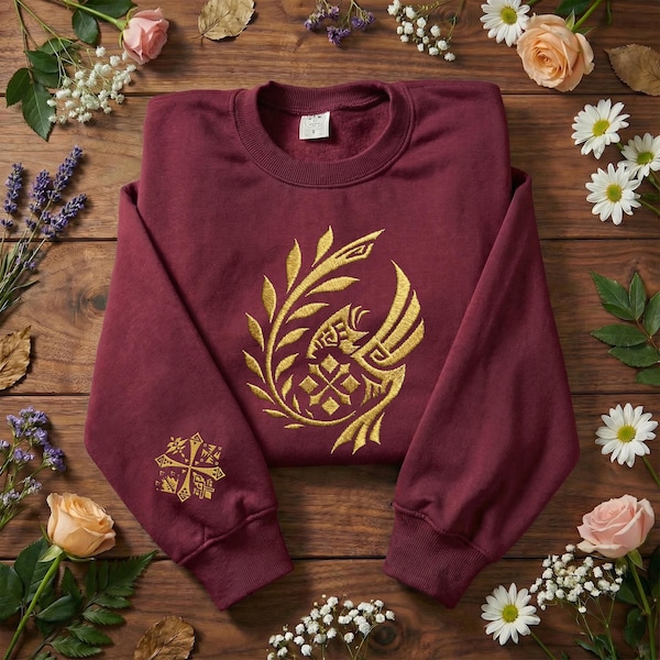 Monster Hunter Wilds Embroidered Sweatshirt, Custom Gaming Hoodie, Gold Crest Monster Hunter Shirt Graphic Game Gift.