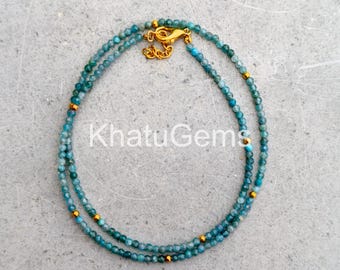 Blue Apatite Necklace 2mm Faceted Gemstone Beads, Dainty Blue Crystal Necklace, Minimalist Layering Jewelry, Sterling Silver Gift