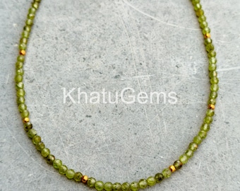 Green Peridot Necklace 3mm Faceted Round Beads, August Birthstone Jewelry, Dainty Gemstone Necklace, Sterling Silver Gift for Her