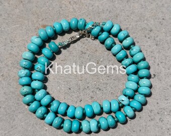 Hand Knotted Turquoise Necklace 8mm Rondelle Beads, Natural Blue Gemstone Jewelry, Boho Statement Necklace, Sterling Silver Gift