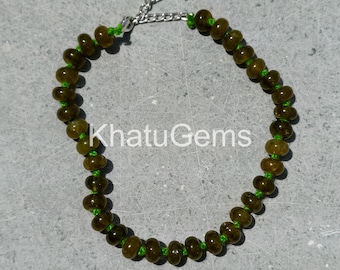 Hand Knotted Green Moldavite Rondelle Necklace, 8mm Gemstone Necklace, Sterling Silver Clasp, Healing Crystal Jewelry, Gift for Her