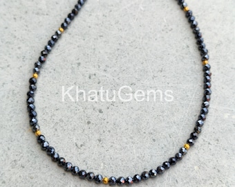 Black Spinel Rondelle Beaded Necklace, Natural Black Gemstone Necklace, Sterling Silver Clasp, Minimal Layering Jewelry Gift for Her