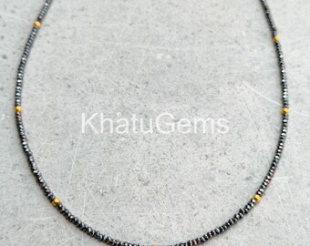 Black Spinel round Beaded Necklace, Natural Black Gemstone Necklace, Sterling Silver Clasp, Minimal Layering Jewelry Gift for Her