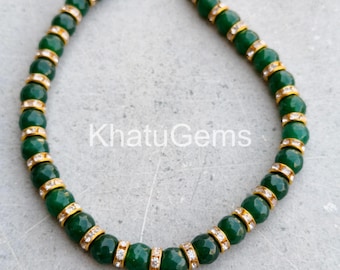 Green Jade Beaded Necklace, 8mm Rondelle Gemstone Necklace, Sterling Silver Clasp, Minimalist Layering Jewelry, Gift for Her
