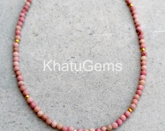 Pink Rhodonite Necklace 3mm Faceted Beads, Sterling Silver Clasp, Dainty Gemstone Jewelry, Minimalist Layering Crystal Gift for Her