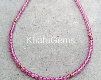 Pink Topaz Necklace 3mm Faceted Round Beads, Dainty Pink Gemstone Necklace, Minimalist Layering Jewelry, Sterling Silver Gift for Her