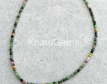 Ruby Zoisite Necklace 2mm Faceted Beads, Green Red Gemstone Jewelry, Dainty Layering Necklace, Sterling Silver Clasp, Gift for Her