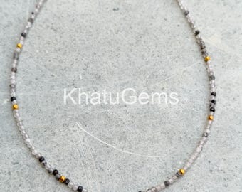 Black Rutilated Quartz Necklace 2mm Faceted Round Beads, Dainty Quartz Crystal Necklace, Minimalist Layering Jewelry, Sterling Silver Gift