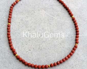 Red Jasper Necklace 3mm Faceted Beads, Dainty Red Gemstone Jewelry, Minimalist Layering Necklace, Sterling Silver Clasp, Gift for Her
