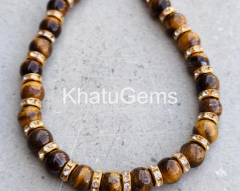 Tiger’s Eye 8mm Beaded Necklace, Brown Gold Gemstone Jewelry, Boho Statement Necklace, Sterling Silver Clasp, Gift for Her
